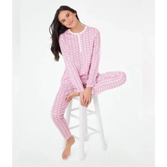 Roller Rabbit Pajama Set Top XS Pant SMALL Pink Elephant Novelty AOP Pima Cotton - Picture 1 of 13